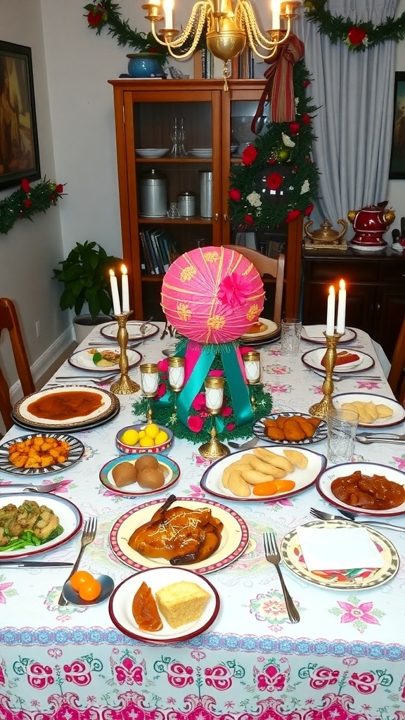 Traditional Christmas Table Decorations in the Philippines A festive Christmas table in the Philippines with parol centerpiece, traditional dishes, and colorful decorations.